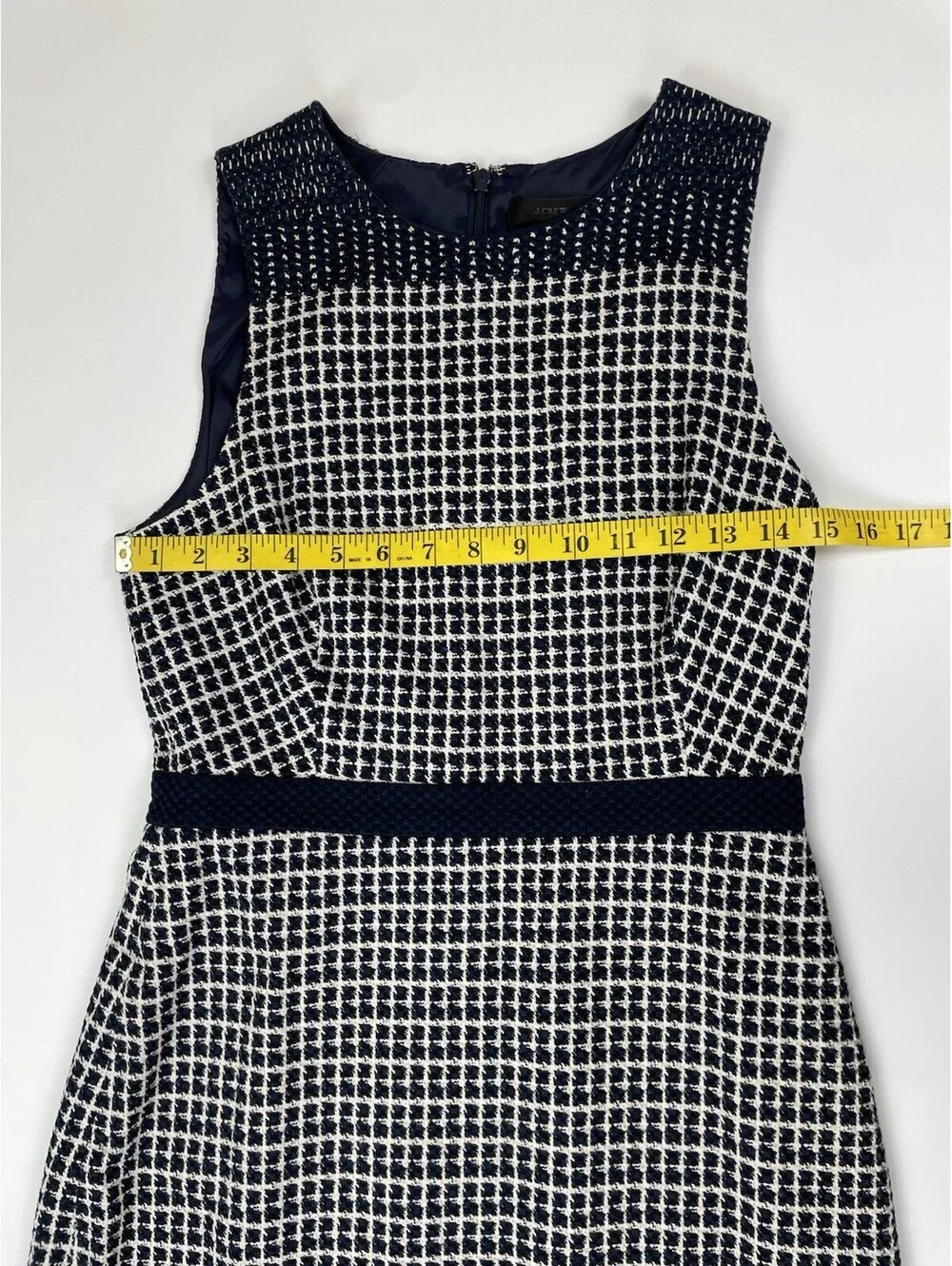 J. Crew Sleeveless Checkered Tweed Sheath Midi Dress Navy White Size  4